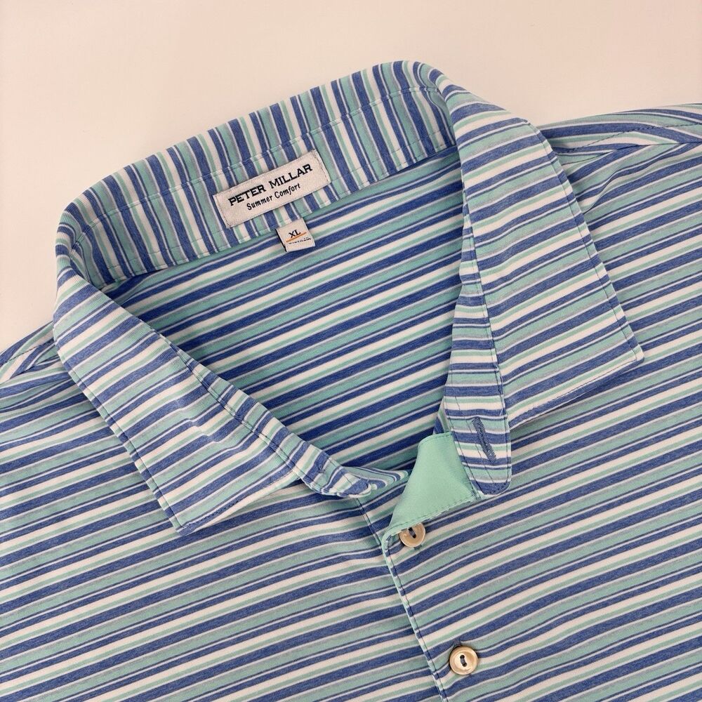 Peter Millar Men's XL Summer Comfort Blue Green Striped Polo Shirt